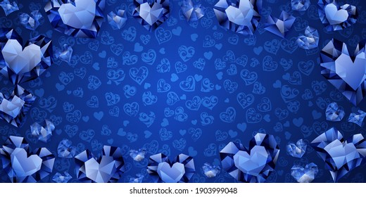 Background of big, small and several crystal hearts in blue colors. Illustration on Valentine Day