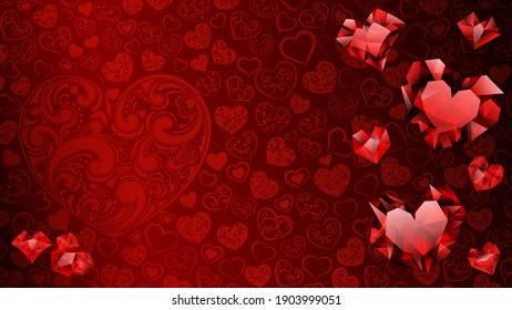 Fondo de grandes, pequeños y varios corazones de cristal en colores rojos. Ilustración en San Valentín