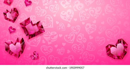 Background of big, small and several crystal hearts, red on pink. Illustration on Valentine Day