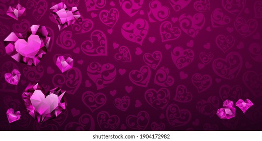 Fondo de grandes, pequeños y varios corazones de cristal en colores violeta. Ilustración en San Valentín