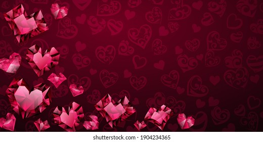 Background of big, small and several crystal hearts in red colors. Illustration on Valentine Day