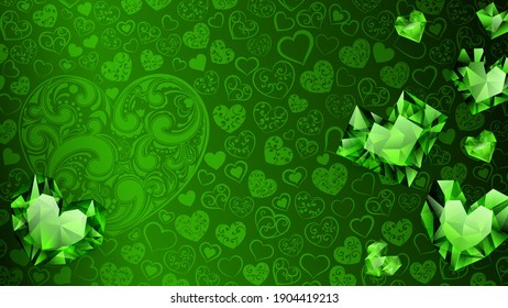 Background of big, small and several crystal hearts in green colors. Illustration on Valentine Day