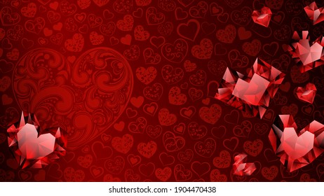 Background of big, small and several crystal hearts in red colors. Illustration on Valentine Day