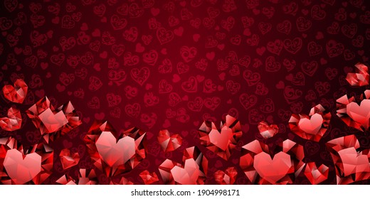 Hintergrund von großen, kleinen und mehreren Kristallherzen in roten Farben. Illustration am Valentinstag