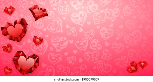 Background of big, small and several crystal hearts, red on pink. Illustration on Valentine Day