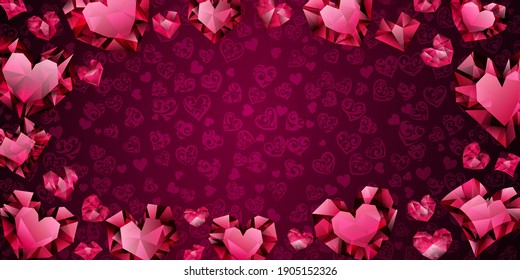 Fondo de grandes, pequeños y varios corazones de cristal en colores rojos. Ilustración en San Valentín