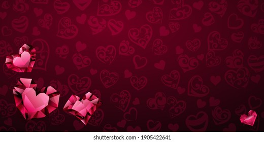 Hintergrund von großen, kleinen und mehreren Kristallherzen in roten Farben. Illustration am Valentinstag