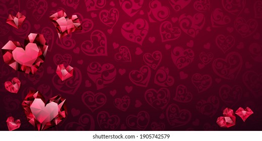 Hintergrund von großen, kleinen und mehreren Kristallherzen in roten Farben. Illustration am Valentinstag