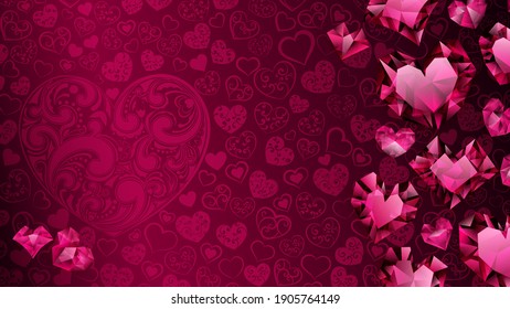 Hintergrund von großen, kleinen und mehreren Kristallherzen in roten Farben. Illustration am Valentinstag