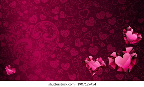 Background of big, small and several crystal hearts in red colors. Illustration on Valentine Day