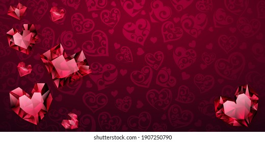 Background of big, small and several crystal hearts in red colors. Illustration on Valentine Day