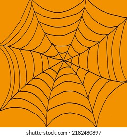 Background with big spiderweb drawn black marker on orange paper. Halloween concept with web.