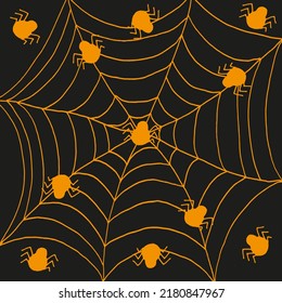 Background with big spiderweb with spider drawn orange marker on black paper. Halloween concept with neon web.