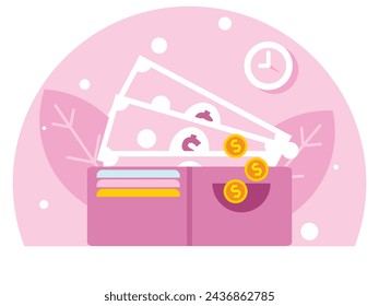 Background with big wallet with credit cards, banknotes and coins. Vector graphics