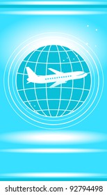 background with big white plane flying in light sky above planet