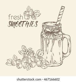 Background with bilberry smoothie . hand drawn