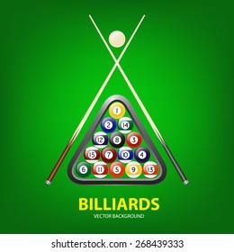 Background with billiards balls, triangle and two cues. Vector EPS10 illustration. 