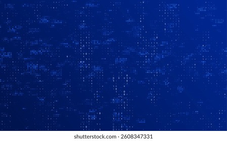 Background with binary code matrix represents programming and cybersecurity. Random source code fragments highlight digital structure and data processing within the informational space.
