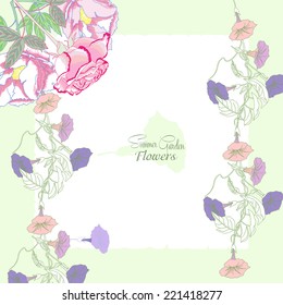 Background with  bindweed and flowers. Vector illustration