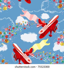 Background with biplane throwing gifts