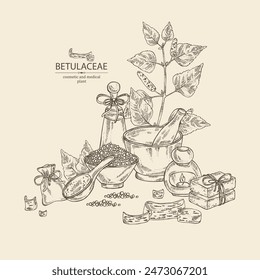 Background with  birch: birch leaves, birch branch, betulaceae tree and betulaceae bark.  Oil, soap and bath salt . Cosmetics and medical plant. Vector hand drawn illustration