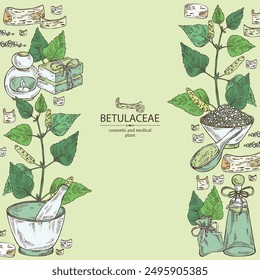 Background with  birch: birch leaves, birch branch, betulaceae tree and betulaceae bark. Oil, soap and bath salt . Cosmetics and medical plant. Vector hand drawn illustration