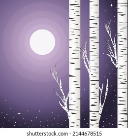 Hintergrund mit Birken in einer violetten Nacht mit Mond
