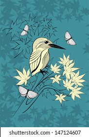 background with bird, butterflies and autumn leaves