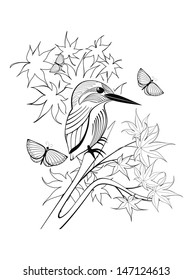 background with bird, butterflies and autumn leaves
