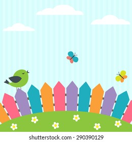 Background with bird and flying butterflies