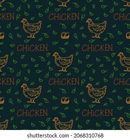 Background with a bird on a farm. Textiles with livestock, eggs and leaves. Chicken line pattern with inscription in doodle circle. Vector illustration