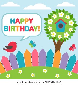 Background with bird on fence and flying butterflies with blooming tree on the background
