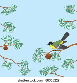 Background, bird titmouse sitting on pine branch against blue sky. Vector