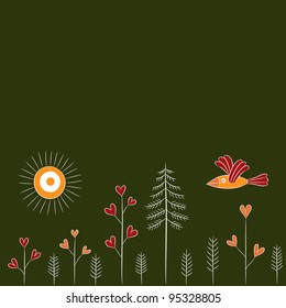 Background with bird and trees in cartoon style, with seamless pattern in swatches