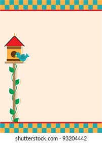 A background of a birdhouse and blue colored bird, atop a vine covered pole; includes a checkered header and footer.