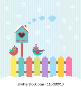 Background with birds and birdhouse winter