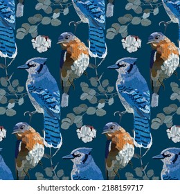 Background with birds and branches. Bluebird and blue jay.
