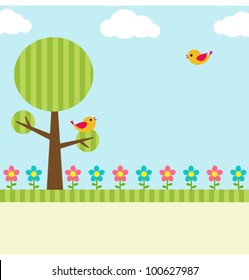 Background with birds, flowers and tree