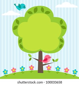 Background with birds, flowers and tree with place for text