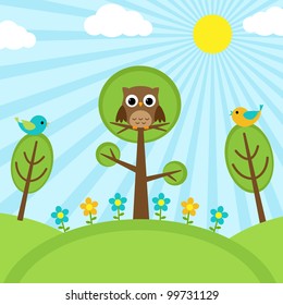 Background with birds, flowers and trees