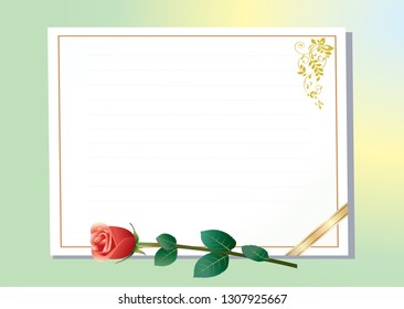 Background, birthday, anniversary, holiday, greeting card with sheet paper for messages and rose flower. Vector illustration
