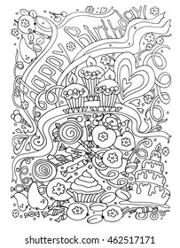 Background  birthday. Black and white doodle vector illustration. Coloring book for adult and older children. Coloring page. Outline drawing.