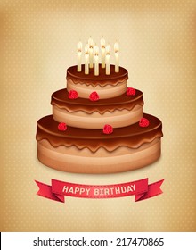 Background with birthday chocolate cake. Vector.