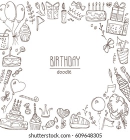 Background with Birthday elements and symbols: Birthday cake, balloon, Birthday gift, flowers, sweets, candle, garland, lemonade. Hand drawn doodles illustration