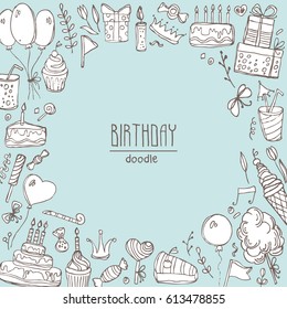 Background with Birthday elements and symbols: Birthday cake, balloon, Birthday gift, flowers, sweets, candle, garland, lemonade. Hand drawn doodles illustration