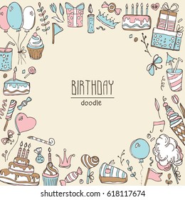 Background with Birthday elements and symbols: Birthday cake, balloon, Birthday gift, flowers, sweets, candle, garland, lemonade. Hand drawn doodles illustration