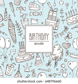 Background with Birthday elements and symbols: Birthday cake, balloon, Birthday gift, flowers, sweets, candle, garland, lemonade. Hand drawn vector doodles illustration.
