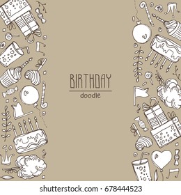 Background with Birthday elements and symbols: Birthday cake, balloon, Birthday gift, flowers, sweets, candle, garland, lemonade. Hand drawn vector doodles illustration