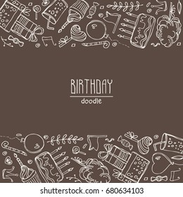 Background with Birthday elements and symbols: Birthday cake, balloon, Birthday gift, flowers, sweets, candle, garland, lemonade. Hand drawn vector doodles illustration