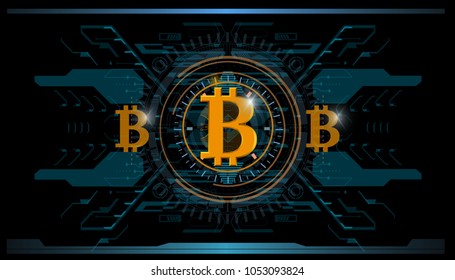 Background with bitcoin in futuristic virtual space design concept with hud user interface
